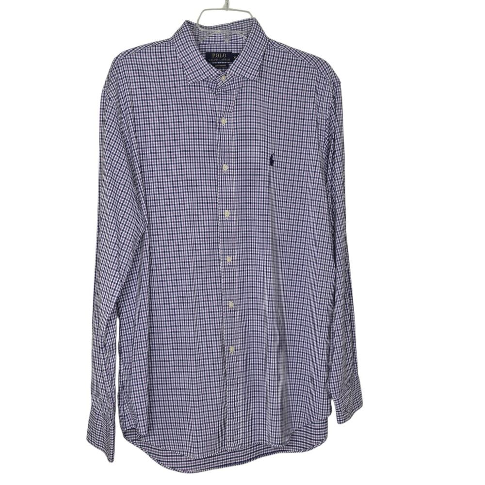 Polo Ralph Lauren Performance Dress Shirt Mens XL Purple Blue Check Nylon